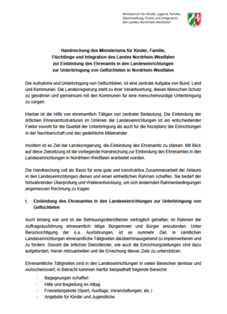 Handreichung des MKJFGFI zur Einbindung des Ehrenamts in den Landeseinrichtungen zur Unterbringung von Geflüchteten in NRW (02/2026)