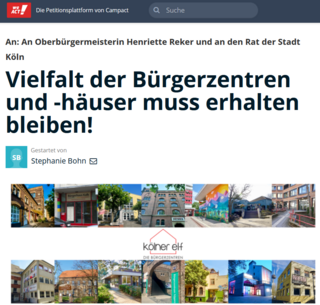 Online-Petition an den Rat der Stadt Köln: Vielfalt der Kölner Bürgerzentren und -häuser muss erhalten bleiben!