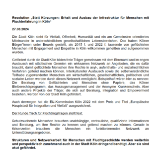 Resolution des Runden Tisch für Flüchtlingsfragen / Integrationsrat / Kölner Runde Tisch für Integration an den Rat der Stadt Köln: "Statt Kürzungen: Erhalt und Ausbau der Infrastruktur für Menschen mit Fluchterfahrungen in Köln" (08/2024)