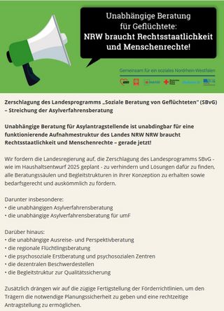 Online-Petition an die Landesregierung NRW und an alle demokratischen Parteien des Landtags NRW: Unabhängige Beratung für Asylantragstellende - NRW braucht Rechtsstaatlichkeit & Menschenrechte!