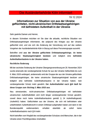 Die Ausländerbehörde Köln informiert: Informationen zur Situation von aus der Ukraine geflüchteten, nicht-ukrainischen Drittstaatsangehörigen mit befristetem Aufenthalt in der Ukraine (19.12.2024)