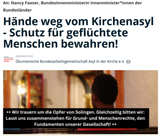 Online-Petition: Hände weg vom Kirchenasyl - Schutz für geflüchtete Menschen bewahren!