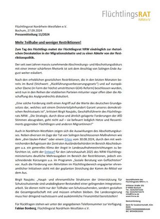 Pressemitteilung des Flüchtlingsrat NRW: Zum Tag des Flüchtlings - Mehr Teilhabe weniger Restriktionen! (27.09.2024)