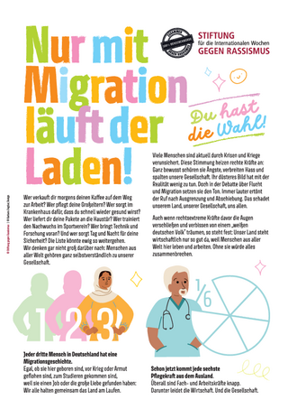 Nur mit Migration läuft der Laden – gegen Hass und Hetze! Flyer des Arbeitskreises "zusammenhalten" der Stiftung gegen Rassismus u.a.