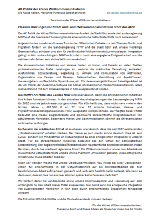 Resolution der Kölner Willkommensinitiativen "Massive Kürzungen von Stadt und Land: Willkommensinitiativen droht das AUS!" (27.09.2024)