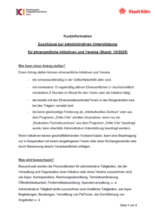 Stadt Köln: Förderaufruf für Zuschüsse zur administrativen Unterstützung für ehrenamtliche Initiativen und Vereine für das Förderjahr 2026 (Antragsfrist: 15.12.2025)