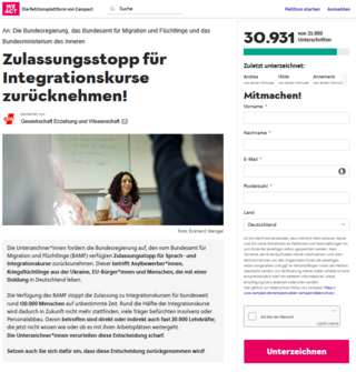 Online-Petition: "Zulassungsstopp für Integrationskurse zurücknehmen!" Sprache ist der Schlüssel für gesellschaftlichen Zusammenhalt und Integration.