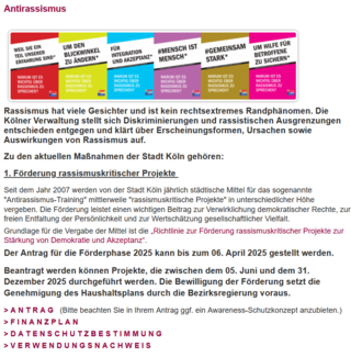 Förderung rassismuskritischer Projekte zur Stärkung von Demokratie und Akzeptanz durch die Stadt Köln (Antragsfrist: 06. April 2025)